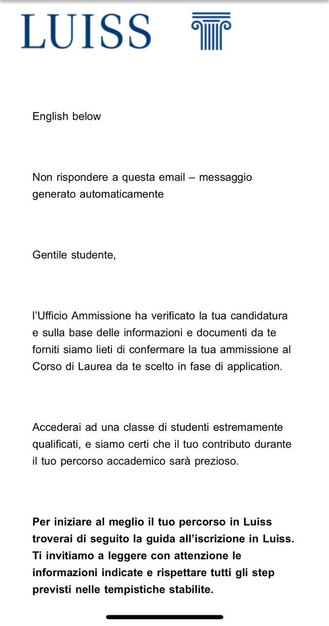 Письмо о зачислении, LUISS